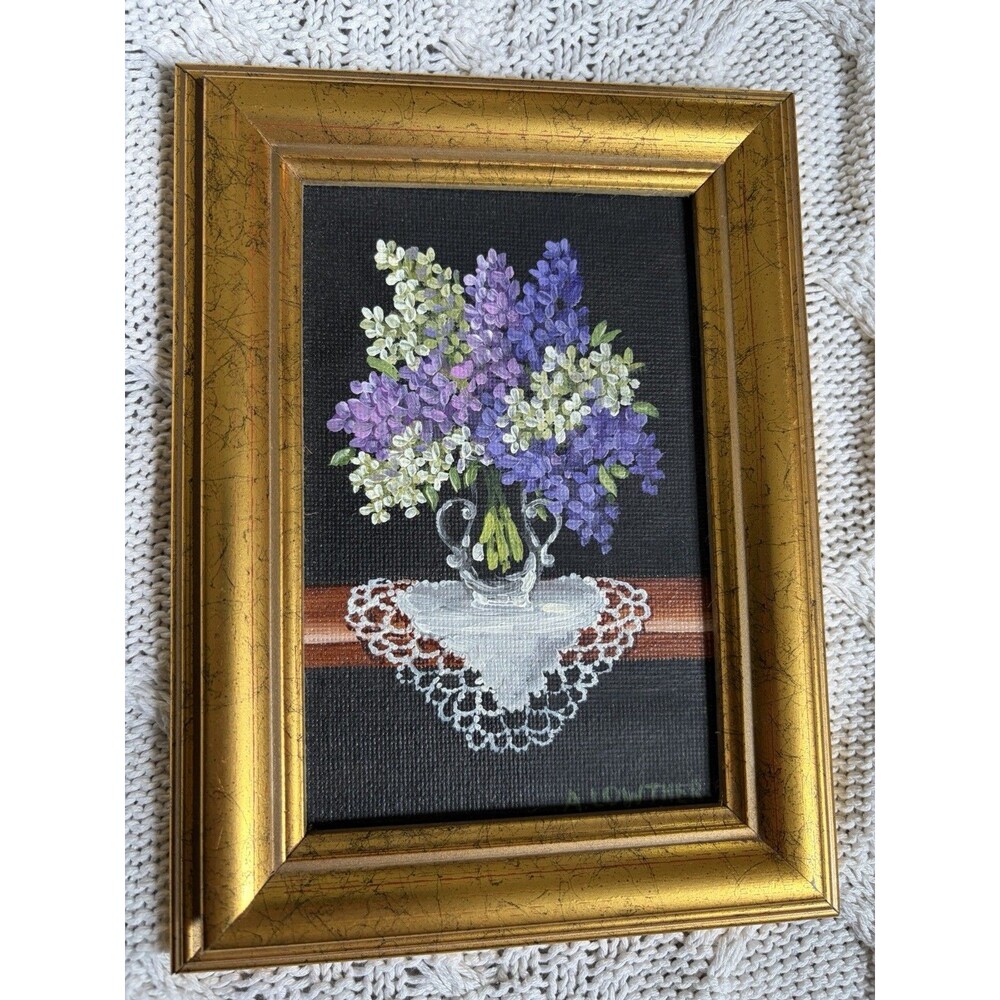 Vintage A Lowther Miniature Oil Painting Lilac Floral Still Life Gold Framed 8"